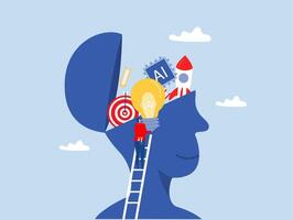 Businessman holding putting light bulb ideas, rocket booster,ai,target, into human head to upgrade working skill improve job qualification concept,.flat illustration vector