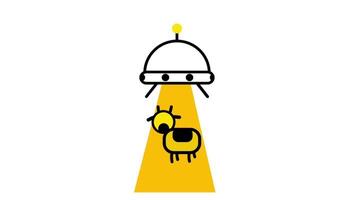 A UFO uses a yellow beam to abduct a cow, illustrated in a minimalist cartoon style conveying sci-fi and humorous alien themes video
