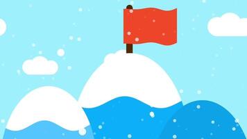 Red flag on snowy mountain peaks under a bright sky, symbolizing achievement, completion or goal reached in a minimal scene video