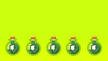 Five identical green potion bottles arranged in a neat row, creating a sense of consistency in a magical game asset style video