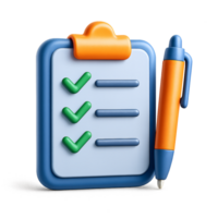 3D Render Checklist Clipboard with Pen - Task Management, To-Do List, Project Planning isolated on transparent background png