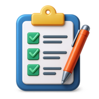 Checklist Icon 3D Render of Clipboard and Pen isolated on transparent background png