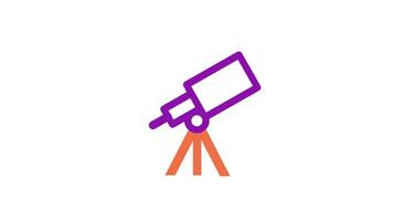 A purple telescope mounted on an orange tripod, representing astronomy, space exploration, or stargazing tools in a flat illustrative style video