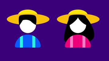 Icon of two faceless people with hats in colorful clothing depicting stylized tourists, travel representation, or character symbols video