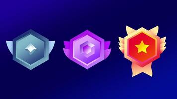 Trio of ranking badges from silver to gold represent progressive levels of skill, merit, and growth in a competitive gaming structure video