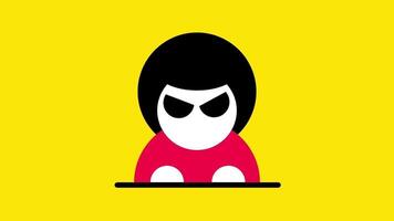 Black-haired character with angry expression in red shirt stands out on yellow background, indicating emotion, rebellion, or defiance video