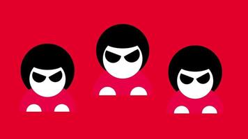 Black-haired avatars with angry faces placed side by side representing twins, rivalry, conflict, or mirrored personas in design video