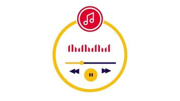 A circular music player interface with equalizer bars and sound icons representing media functionality, streaming, and music control features video