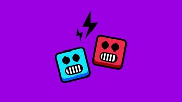 Box-shaped cartoon faces in purple background symbolizing competition, contrasting emotions, and tension in gameplay scenarios video