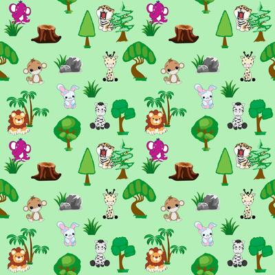 Seamless wallpaper, wild animals, green trees, fabric pattern, wrap