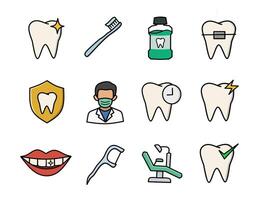 Dental care, teeth tools, and medical icons collection. This illustration includes a tooth, toothbrush, mouthwash, braces, tooth shield, dentist, teeth with clock, smiling mouth, dental chair vector