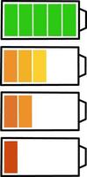 Battery level notification icons, Green to red power Indicator set, from fully charge, medium, low, to critically low vector