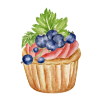 Holiday Muffin with fresh black currant berries and whipped cream, hand-drawn in watercolor. Sweet pastries for a pastry shop logo, stickers, packaging, a print for a holiday card, party invitation. png