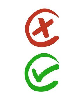 Simple Hand drawn circle checkmark and cross sign Symbol Icon. A set of hand drawn icons showing a green checkmark and a red cross inside a circle vector