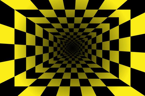 3d black and yellow tiles optical illusion vortex tunnel. Op art perspective geometric torus illustration.