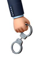 Hand holding metal handcuffs 3d isolated, law enforcement arrest symbol with reflective surfaces png