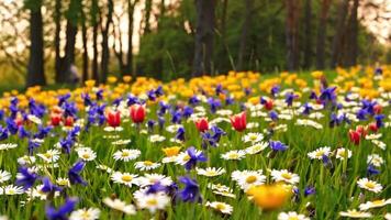 Peaceful Meadow Scene with Blooming Flowers, Birds, and Soft Sunlight Tranquil Outdoor View video