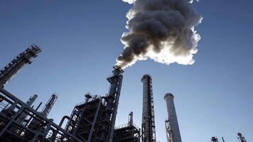 Dramatic View of Oil Refinery Smokestacks and Machinery Industrial Scale video