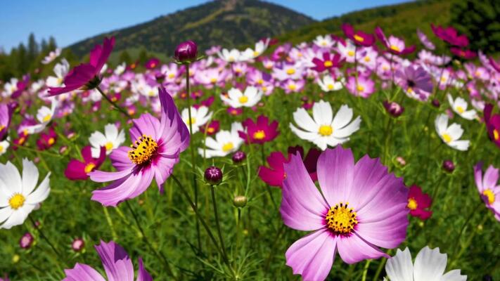 Spring Meadow with Cosmos Flowers in Full Bloom, Closeup of