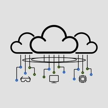 Three Black Outline Clouds Connected to Computer Monitor Microchip V R Glasses via Lines Circles Green Blue Dots Network Data Cloud Computing Graphic vector
