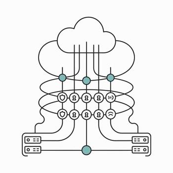 Teal and Gray Network Cloud System Illustration Depicting Data Flow Between Servers and Nodes Featuring Security Icons A stylized graphic showing data transmission between vector