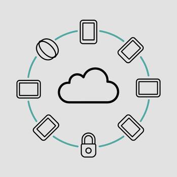 verde azulado red gráfico ilustrando nube datos almacenamiento de forma segura conectado a tabletas teléfonos inteligentes y un candado vía circular líneas vector