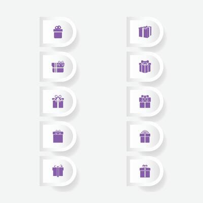 Collection of gift box icons in purple color with various shapes