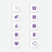 Collection of purple icons on white tabs representing concepts and gifts vector