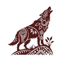 Wolf Silhouette Howling Tribal Tattoo Style with Intricate Geometric Patterns on a Hill with Grass vector
