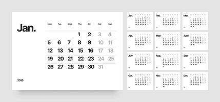 Monthly calendar for 2026 year. Diary planner for 2026 year. Week Starts on Monday. vector