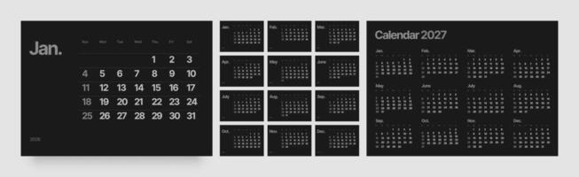 Monthly calendar for 2026 year. Wall or desk calendar 2026 in dark color. Week Starts on Sunday. vector