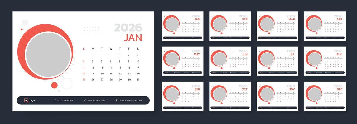 Desk calendar template 2026, Template for annual calendar 2026, Calendar 2026 planner corporate template design set, The week starts on Sunday.