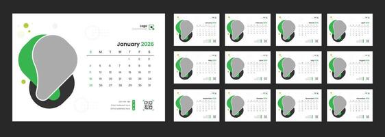 Calendar template for 2026 with week start on Sunday. New Year 2026 table calendar. Desk Calendar 2026 template 12 months included. Week start on Sunday. vector
