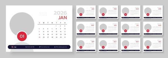 2026 Desk calendar template, Template for annual calendar 2026, Calendar 2026 planner corporate template design set, The week starts on Sunday, Set of 12 months. vector