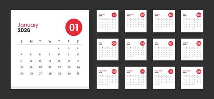 Calendar 2026 week start Sunday corporate design template . 2026 calendar in minimalist style vector