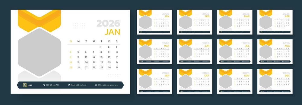 Desk calendar template 2026, Minimalist desk calendar 2026 template. New year 2026 table calendar design, Week start on Sunday. vector