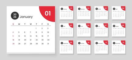 2026 monthly calendar layout design vector
