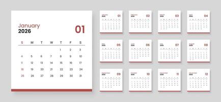 Modern calendar for 2026 year. Week starts on Sunday. vector