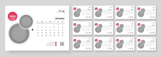 Calendar template for 2026 with week start on Sunday. Desk calendar 2026 template. Monthly calendar layout for 2026 year. vector