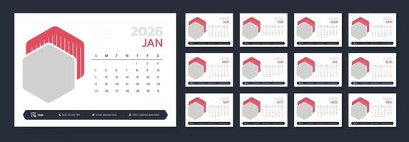 Minimalist desk calendar 2026 template. New year 2026 table calendar design, Week start on Sunday. vector