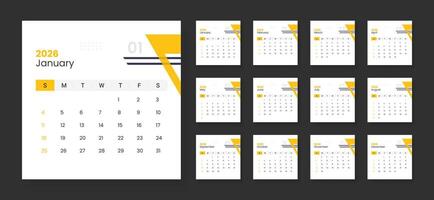 2026 modern classic calendar template. Week starts on Sunday. vector