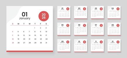 Calendar 2026 week start Sunday corporate design template . Monthly calendar template for 2026 vector