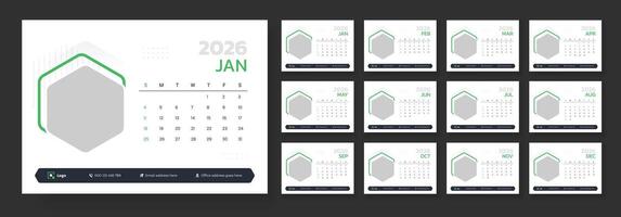 Desk Calendar Template 2026, New Year 2026 table calendar, Minimalist desk calendar 2026 design template. Week start on Sunday. vector