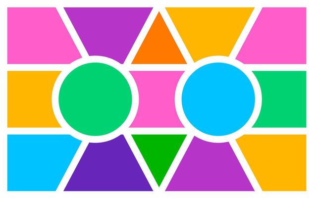 Abstract photo frame collage design with vibrant geometric pattern of circles, triangles, pentagons, and rectangles in symmetrical grid, ideal for modern collage, visual layouts, or decorative design