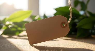 A blank price tag hanging from a string photo