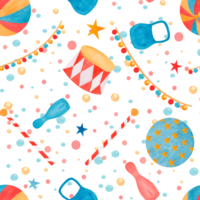 Cartoon seamless pattern watercolor hand drawn stars, ball, kettlebell, circus podium. For childish fabric, wallpaper nursery, birthday cards, invitations, scrapbook. png