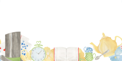 Seamless border horizontal watercolor illustration with tea party elements top hat, playing cards, clocks, teapot, cups, and an open book. Perfect for invitations, childrens books, or themed designs. png
