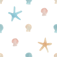 Illustration starfish and seashells, seamless pattern hand drawn watercolor drawing. It is used for making fabrics, textiles, napkins, wrapping paper, postcards, decor, printing png