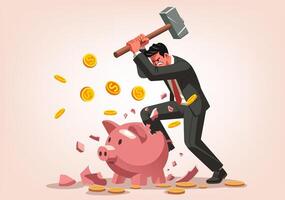 Man smashing piggy bank with hammer vector