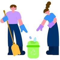 male and female volunteers helping to collect garbage, environmental cleanup flat illustration vector